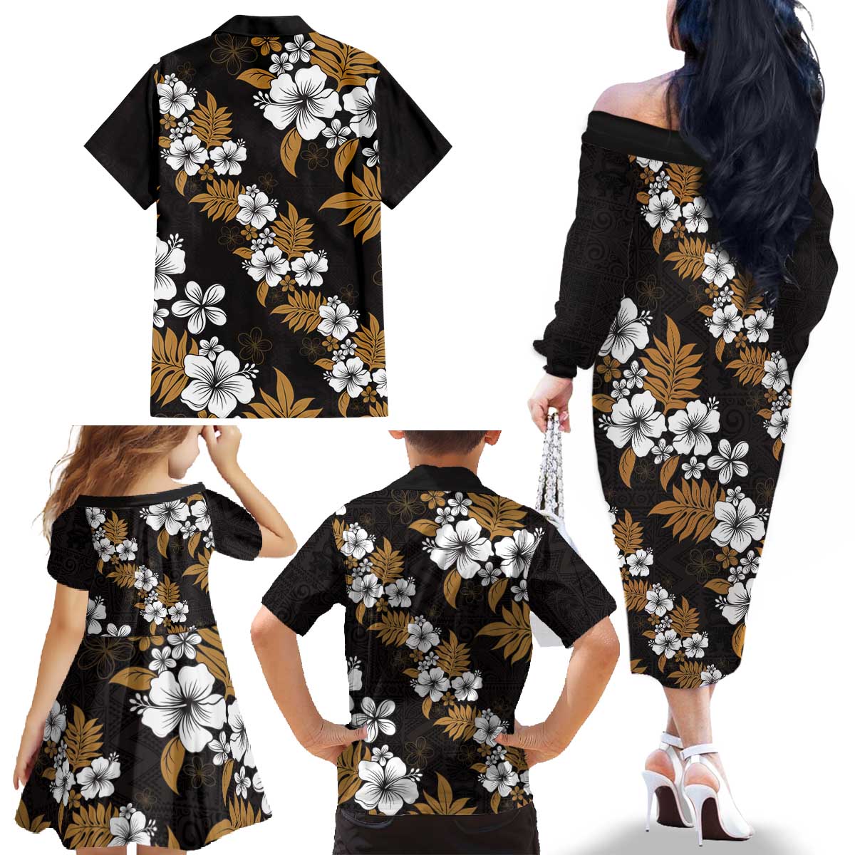 Hawaiian Hibiscus Tribal Floral Brown Family Matching Off The Shoulder Long Sleeve Dress and Hawaiian Shirt Polynesian Tapa Pattern - Polynesian Pride