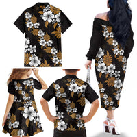 Hawaiian Hibiscus Tribal Floral Brown Family Matching Off The Shoulder Long Sleeve Dress and Hawaiian Shirt Polynesian Tapa Pattern - Polynesian Pride