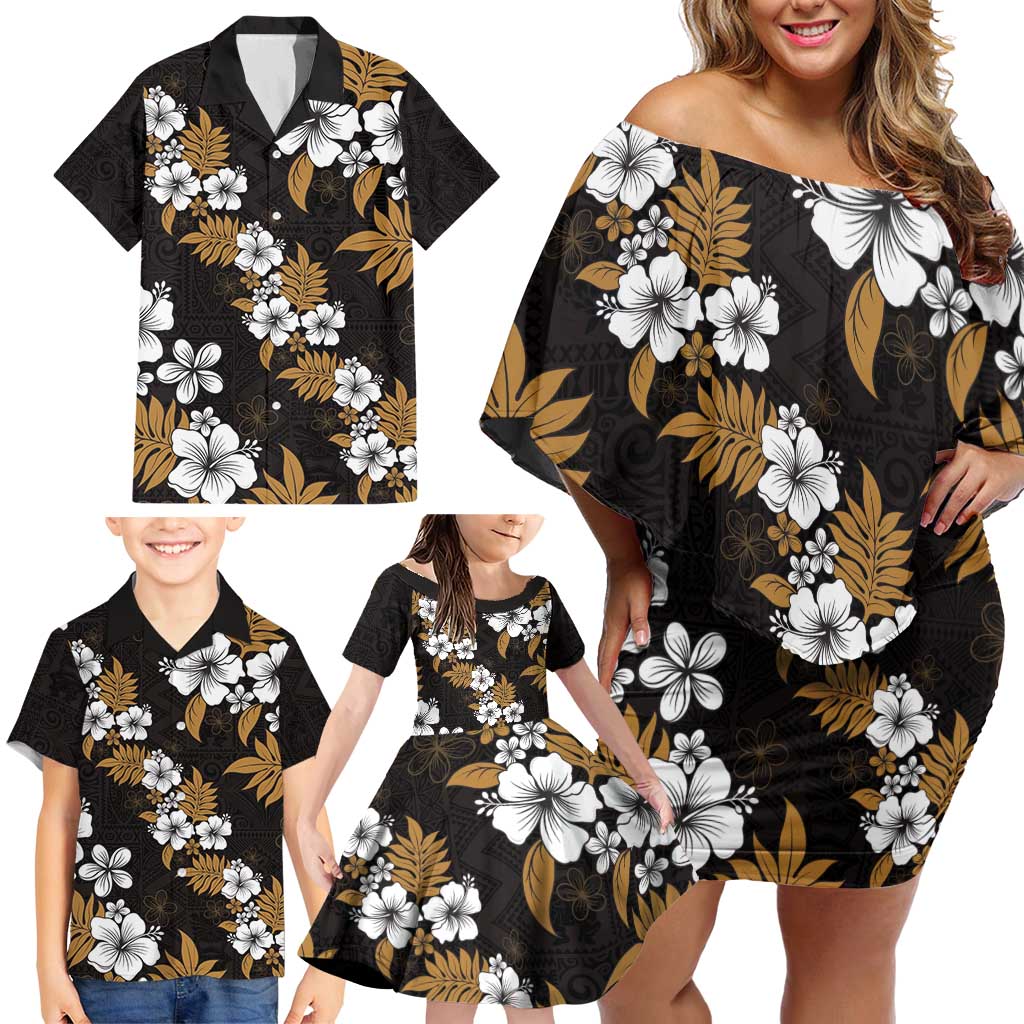 Hawaiian Hibiscus Tribal Floral Brown Family Matching Off Shoulder Short Dress and Hawaiian Shirt Polynesian Tapa Pattern - Polynesian Pride