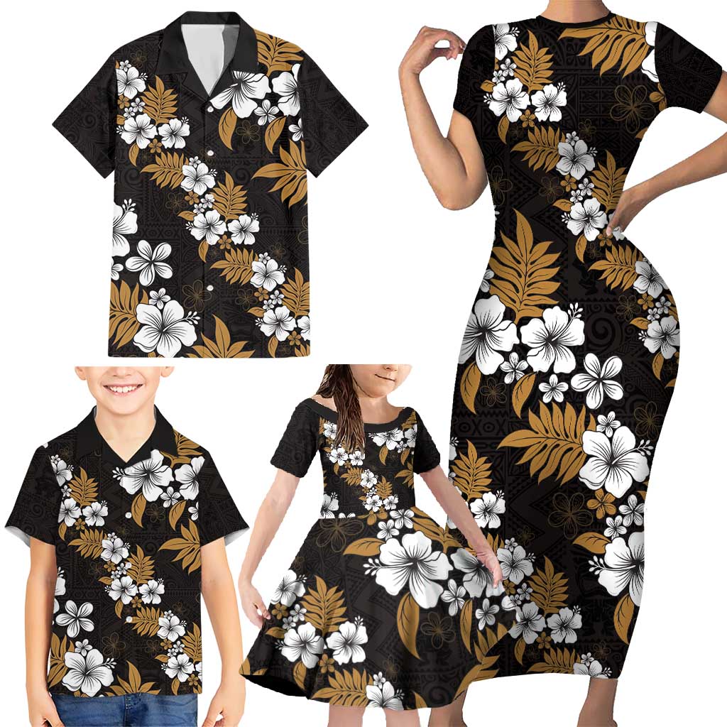 Hawaiian Hibiscus Tribal Floral Brown Family Matching Short Sleeve Bodycon Dress and Hawaiian Shirt Polynesian Tapa Pattern - Polynesian Pride