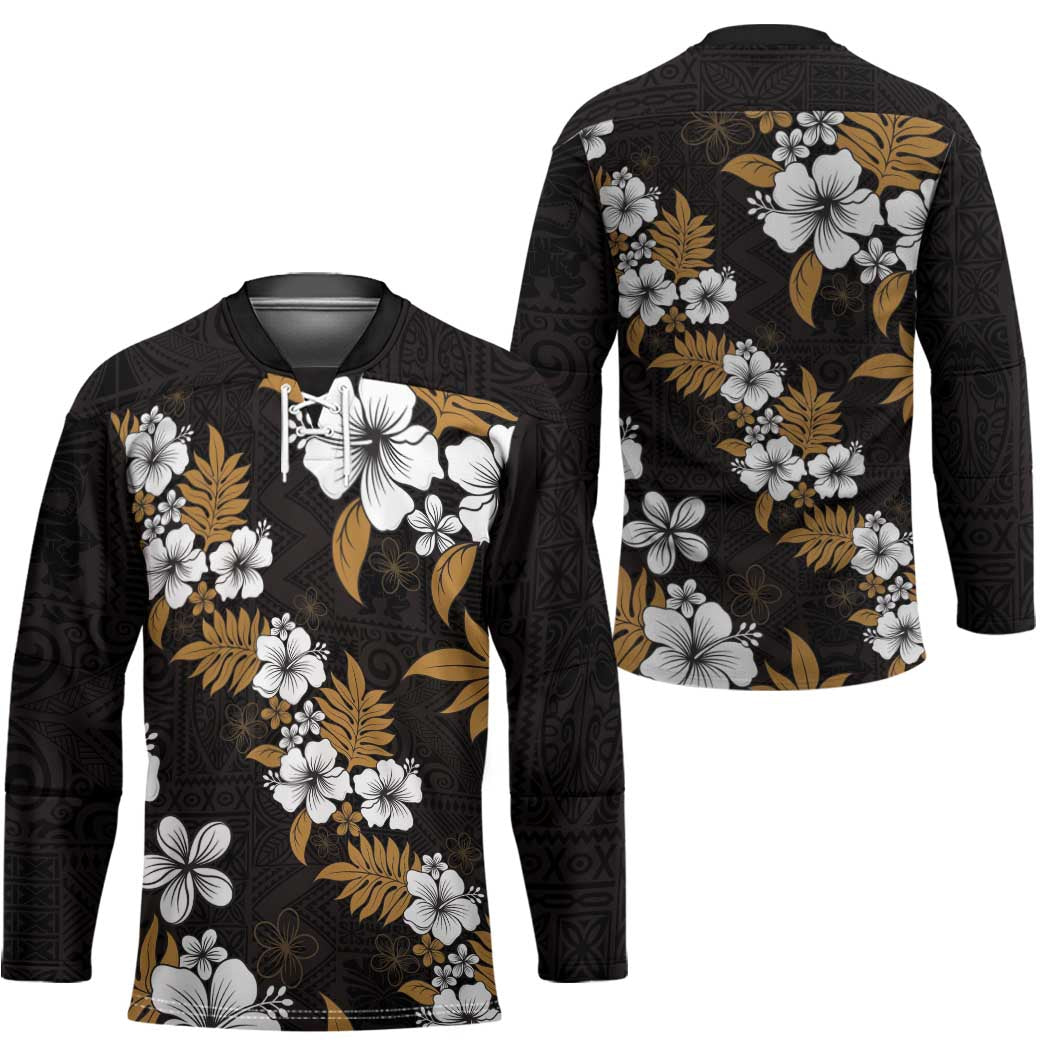 Hawaiian Hibiscus Tribal Floral Brown Hockey Jersey Polynesian Tapa Pattern - Polynesian Pride