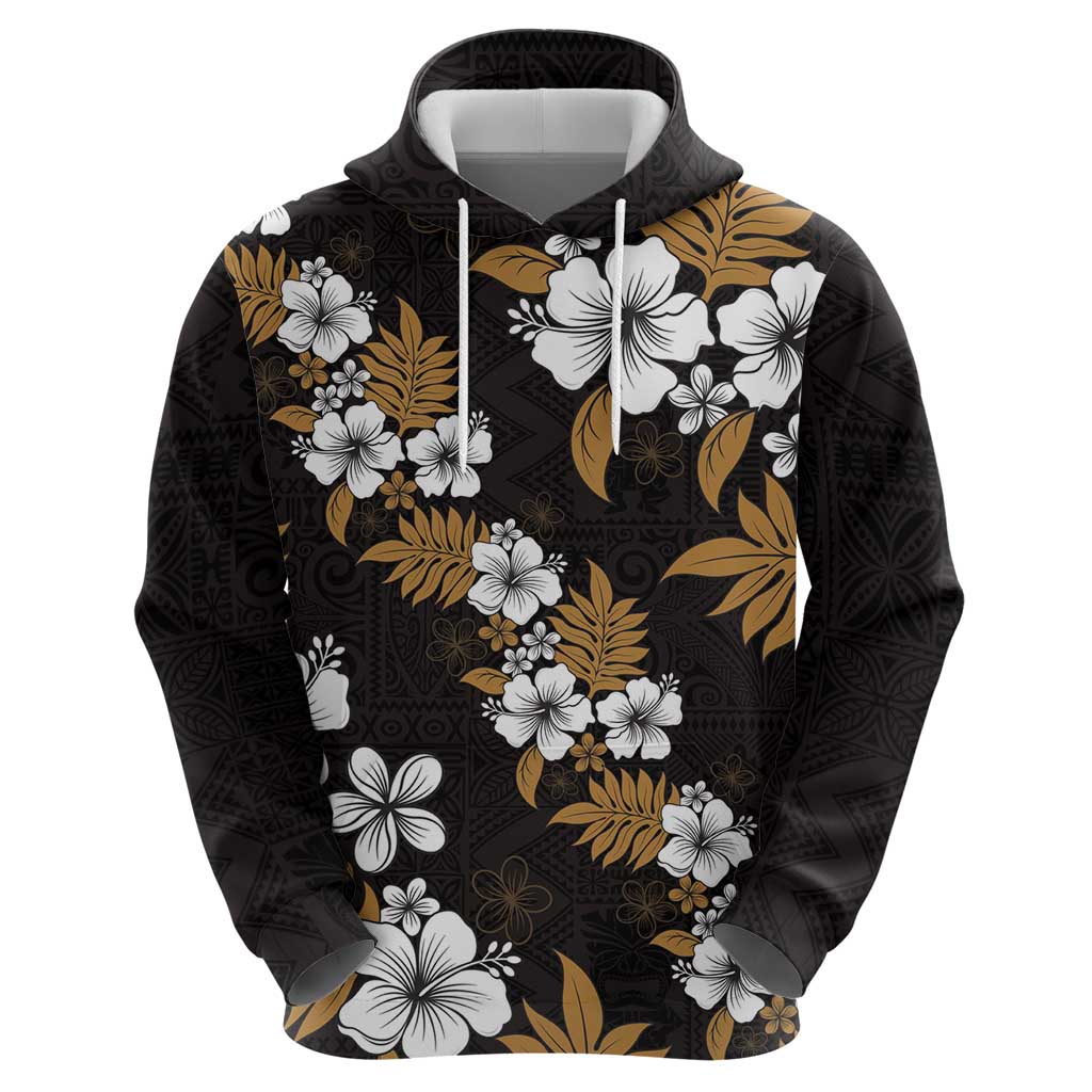 Hawaiian Hibiscus Tribal Floral Brown Hoodie Polynesian Tapa Pattern - Polynesian Pride
