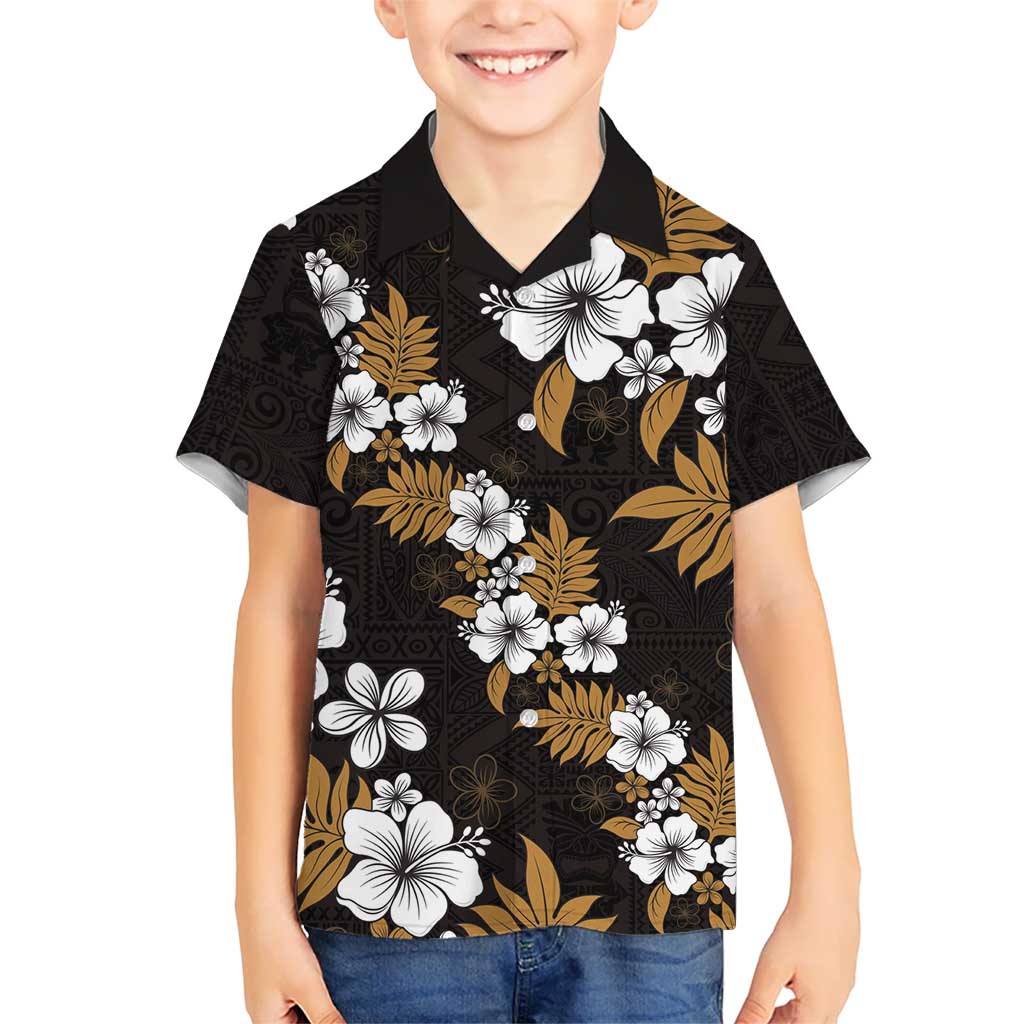 Hawaiian Hibiscus Tribal Floral Brown Kid Hawaiian Shirt Polynesian Tapa Pattern - Polynesian Pride