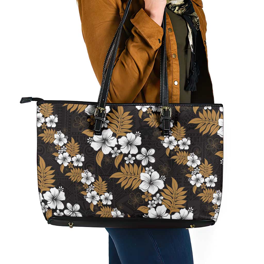 Hawaiian Hibiscus Tribal Floral Brown Leather Tote Bag Polynesian Tapa Pattern - Polynesian Pride