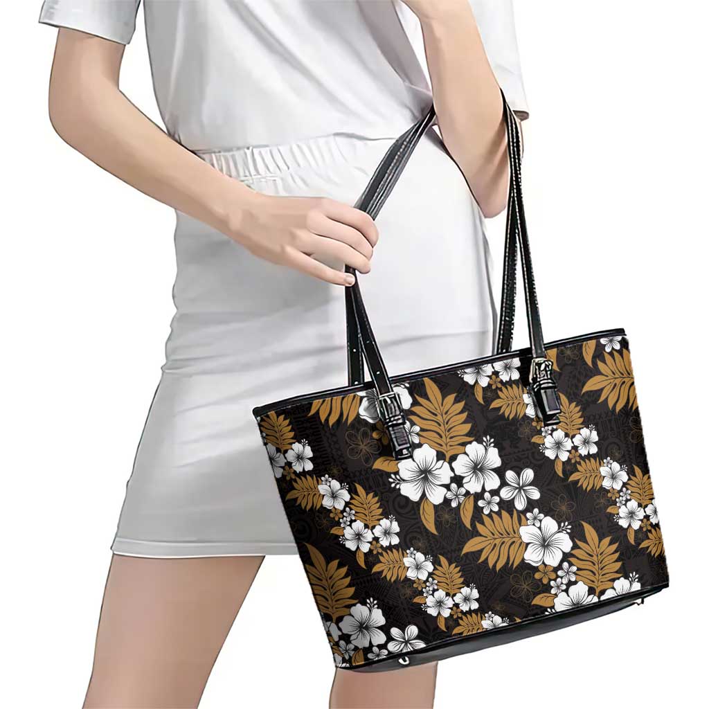 Hawaiian Hibiscus Tribal Floral Brown Leather Tote Bag Polynesian Tapa Pattern - Polynesian Pride