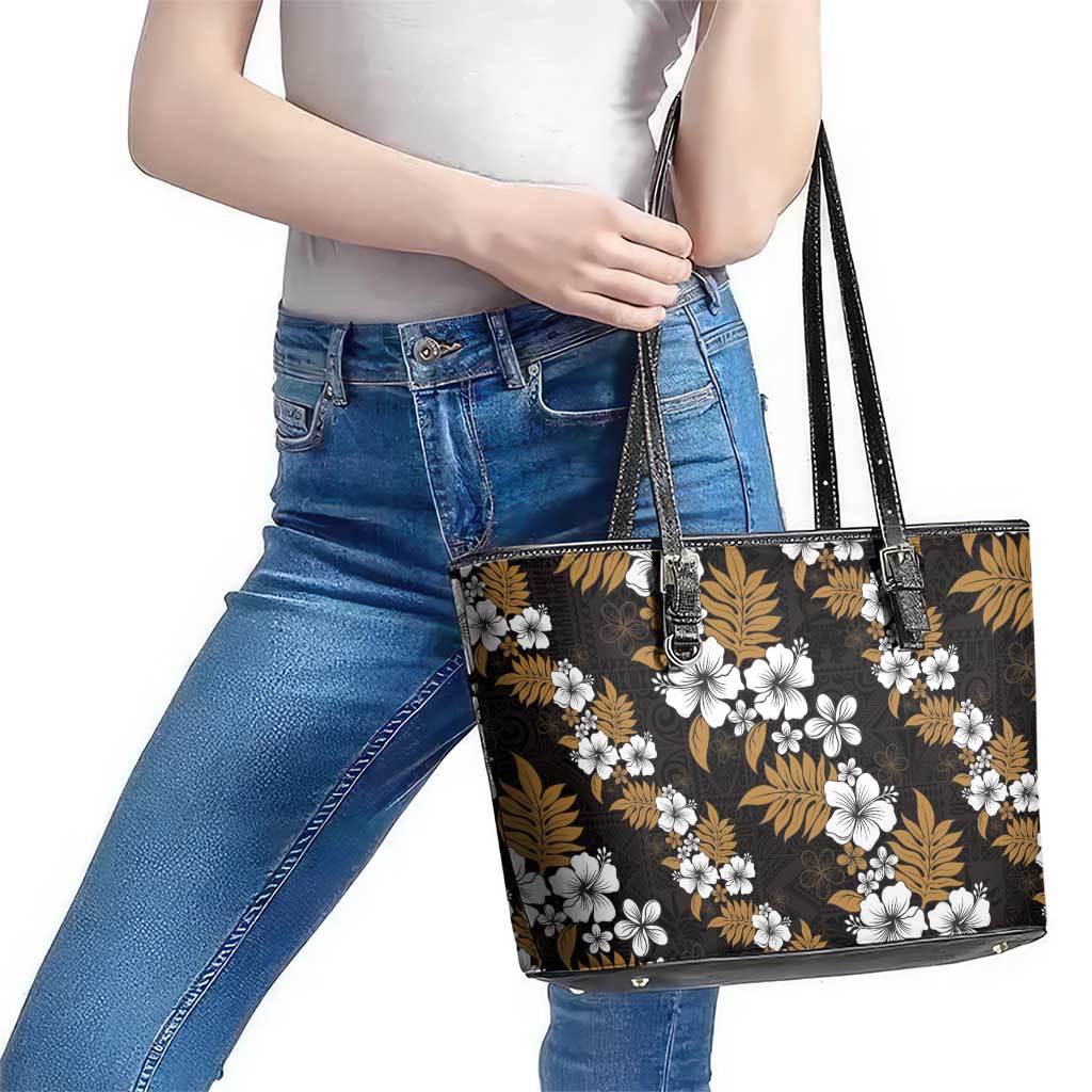 Hawaiian Hibiscus Tribal Floral Brown Leather Tote Bag Polynesian Tapa Pattern - Polynesian Pride