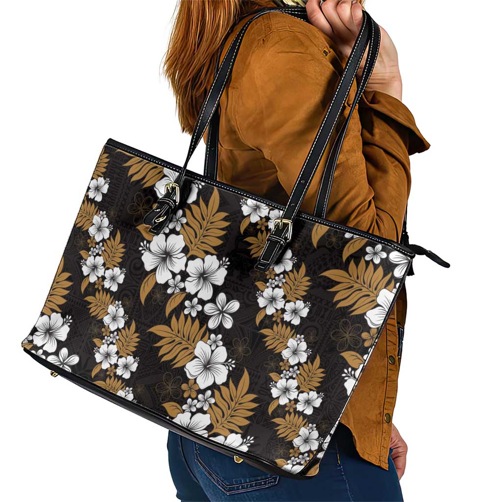 Hawaiian Hibiscus Tribal Floral Brown Leather Tote Bag Polynesian Tapa Pattern - Polynesian Pride