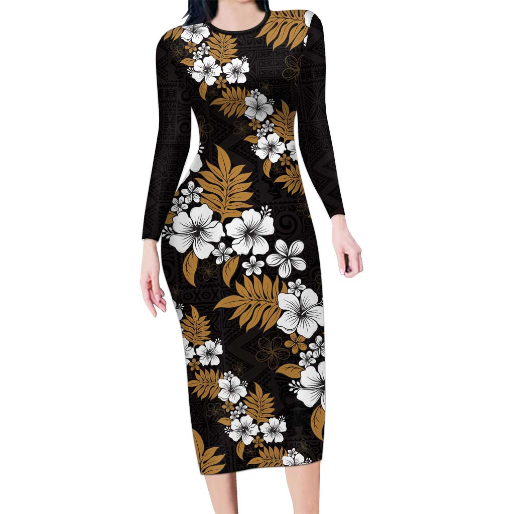 Hawaiian Hibiscus Tribal Floral Brown Long Sleeve Bodycon Dress Polynesian Tapa Pattern - Polynesian Pride