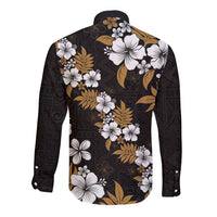 Hawaiian Hibiscus Tribal Floral Brown Long Sleeve Button Shirt Polynesian Tapa Pattern - Polynesian Pride