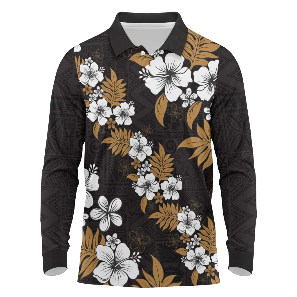 Hawaiian Hibiscus Tribal Floral Brown Long Sleeve Polo Shirt Polynesian Tapa Pattern - Polynesian Pride