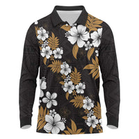 Hawaiian Hibiscus Tribal Floral Brown Long Sleeve Polo Shirt Polynesian Tapa Pattern - Polynesian Pride