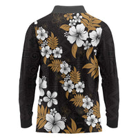 Hawaiian Hibiscus Tribal Floral Brown Long Sleeve Polo Shirt Polynesian Tapa Pattern - Polynesian Pride