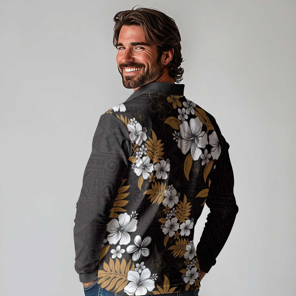 Hawaiian Hibiscus Tribal Floral Brown Long Sleeve Polo Shirt Polynesian Tapa Pattern - Polynesian Pride