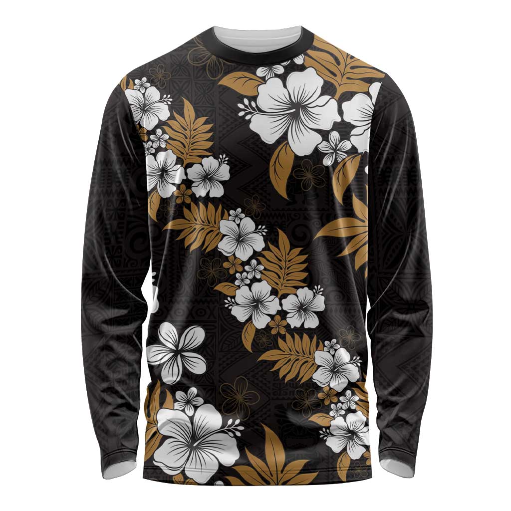 Hawaiian Hibiscus Tribal Floral Brown Long Sleeve Shirt Polynesian Tapa Pattern - Polynesian Pride