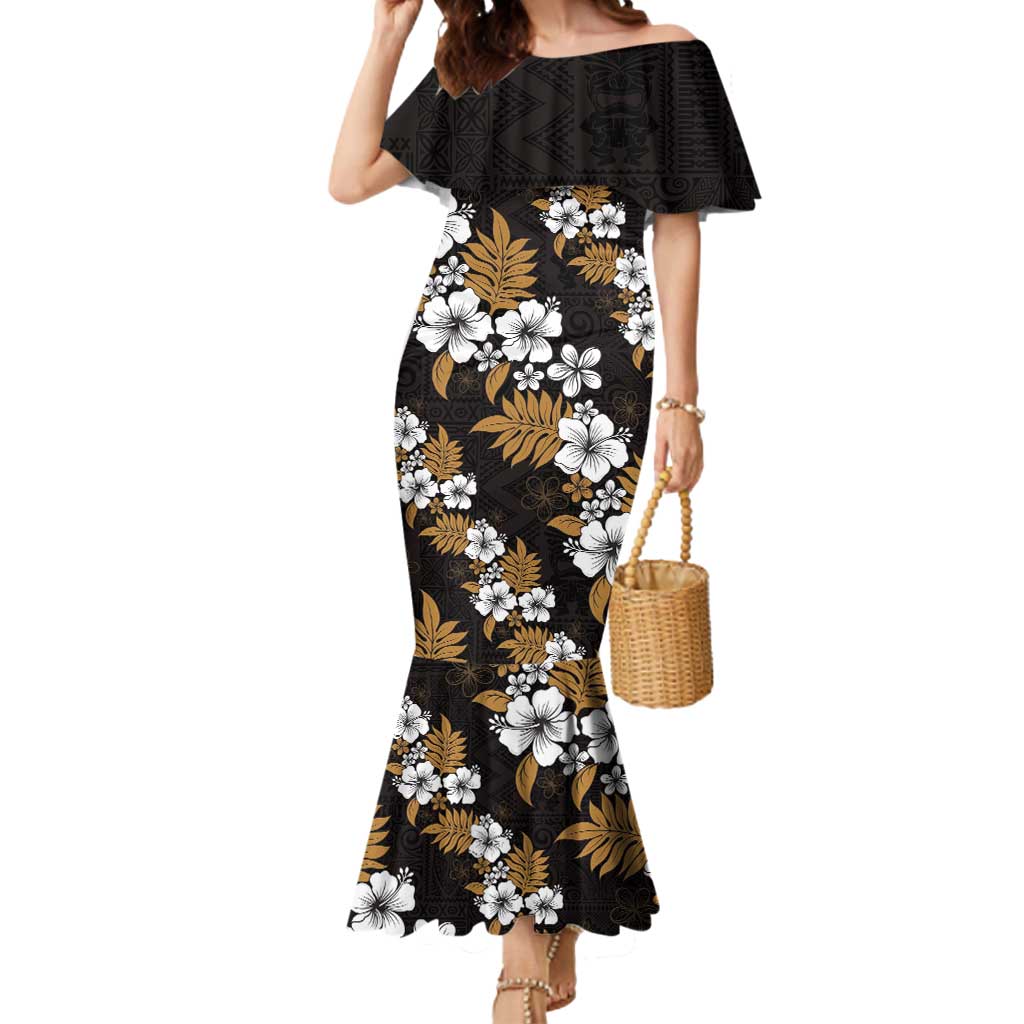 Hawaiian Hibiscus Tribal Floral Brown Mermaid Dress Polynesian Tapa Pattern - Polynesian Pride