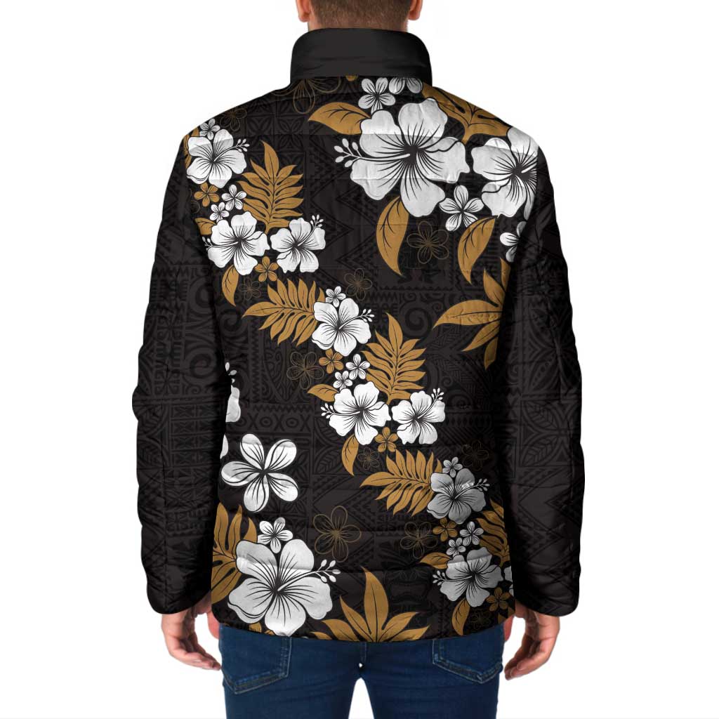 Hawaiian Hibiscus Tribal Floral Brown Padded Jacket Polynesian Tapa Pattern - Polynesian Pride