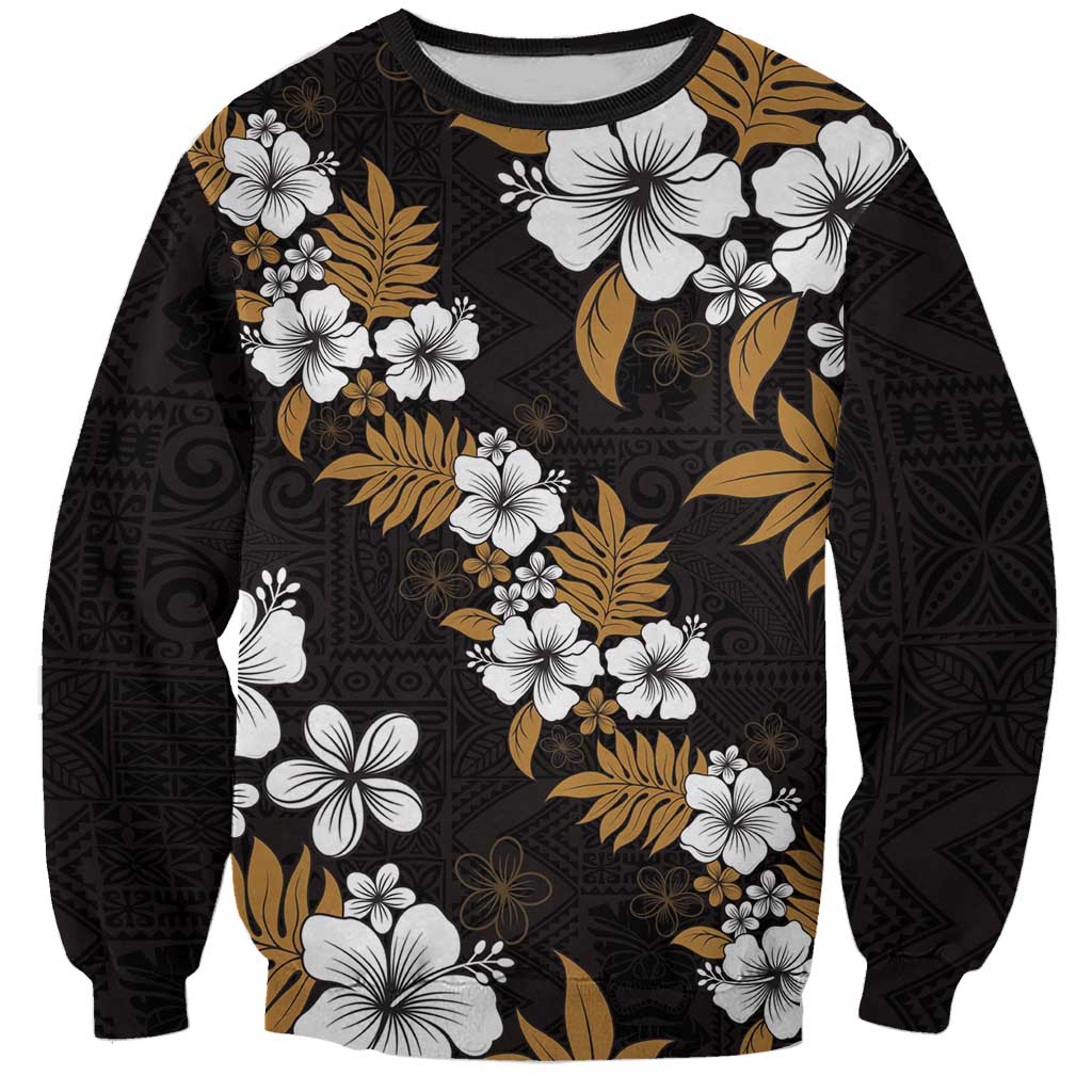 Hawaiian Hibiscus Tribal Floral Brown Sweatshirt Polynesian Tapa Pattern - Polynesian Pride