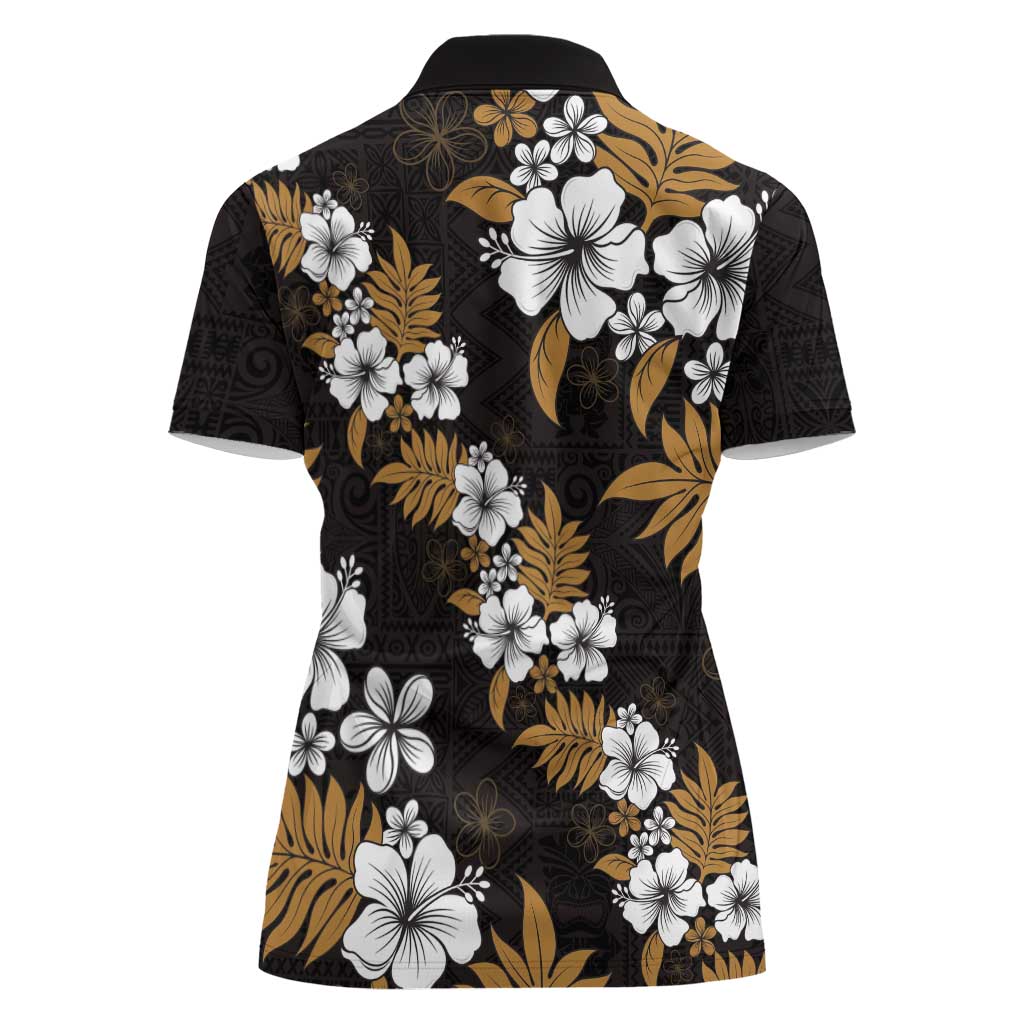 Hawaiian Hibiscus Tribal Floral Brown Women Polo Shirt Polynesian Tapa Pattern - Polynesian Pride