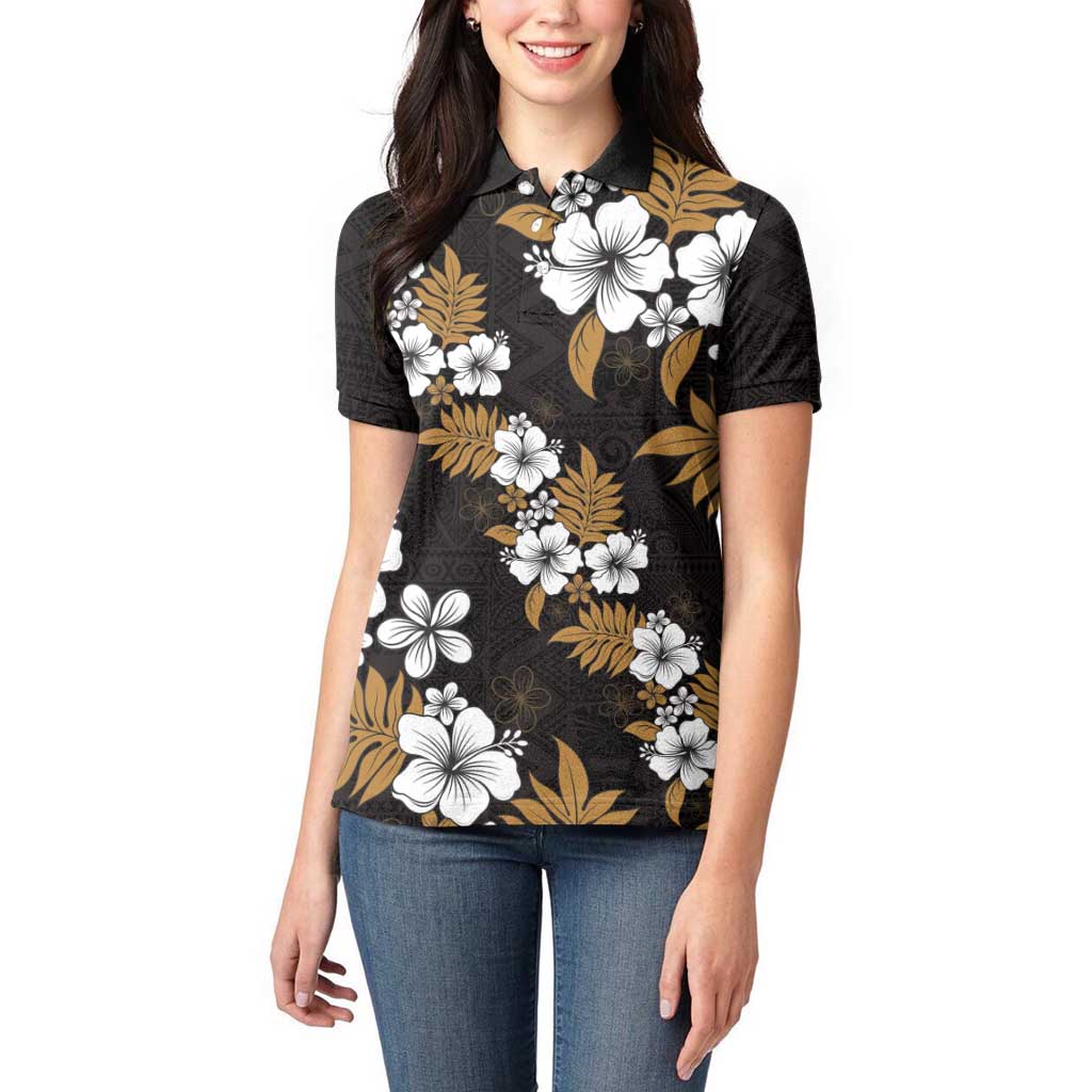 Hawaiian Hibiscus Tribal Floral Brown Women Polo Shirt Polynesian Tapa Pattern - Polynesian Pride