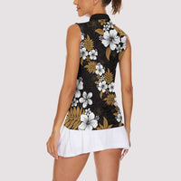 Hawaiian Hibiscus Tribal Floral Brown Women Sleeveless Polo Shirt Polynesian Tapa Pattern - Polynesian Pride