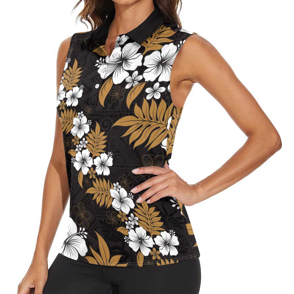 Hawaiian Hibiscus Tribal Floral Brown Women Sleeveless Polo Shirt Polynesian Tapa Pattern - Polynesian Pride