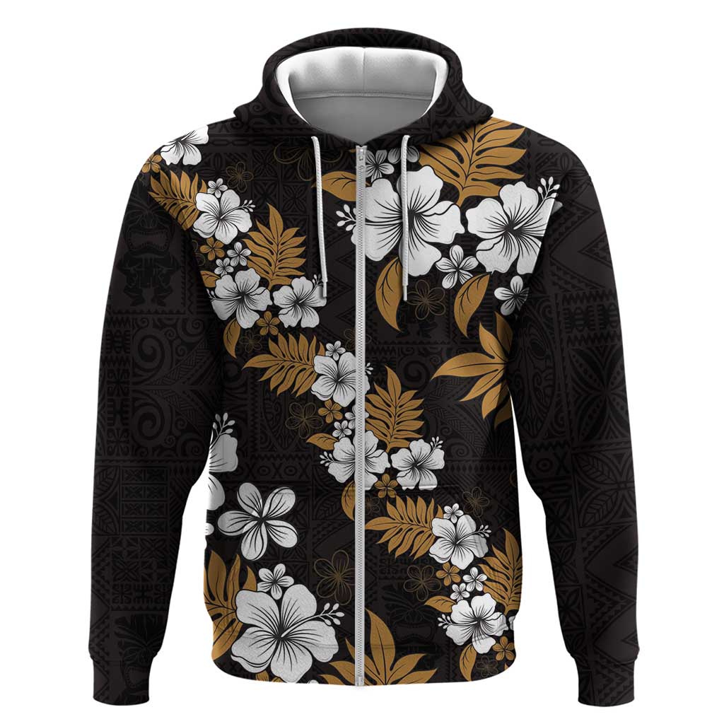 Hawaiian Hibiscus Tribal Floral Brown Zip Hoodie Polynesian Tapa Pattern - Polynesian Pride