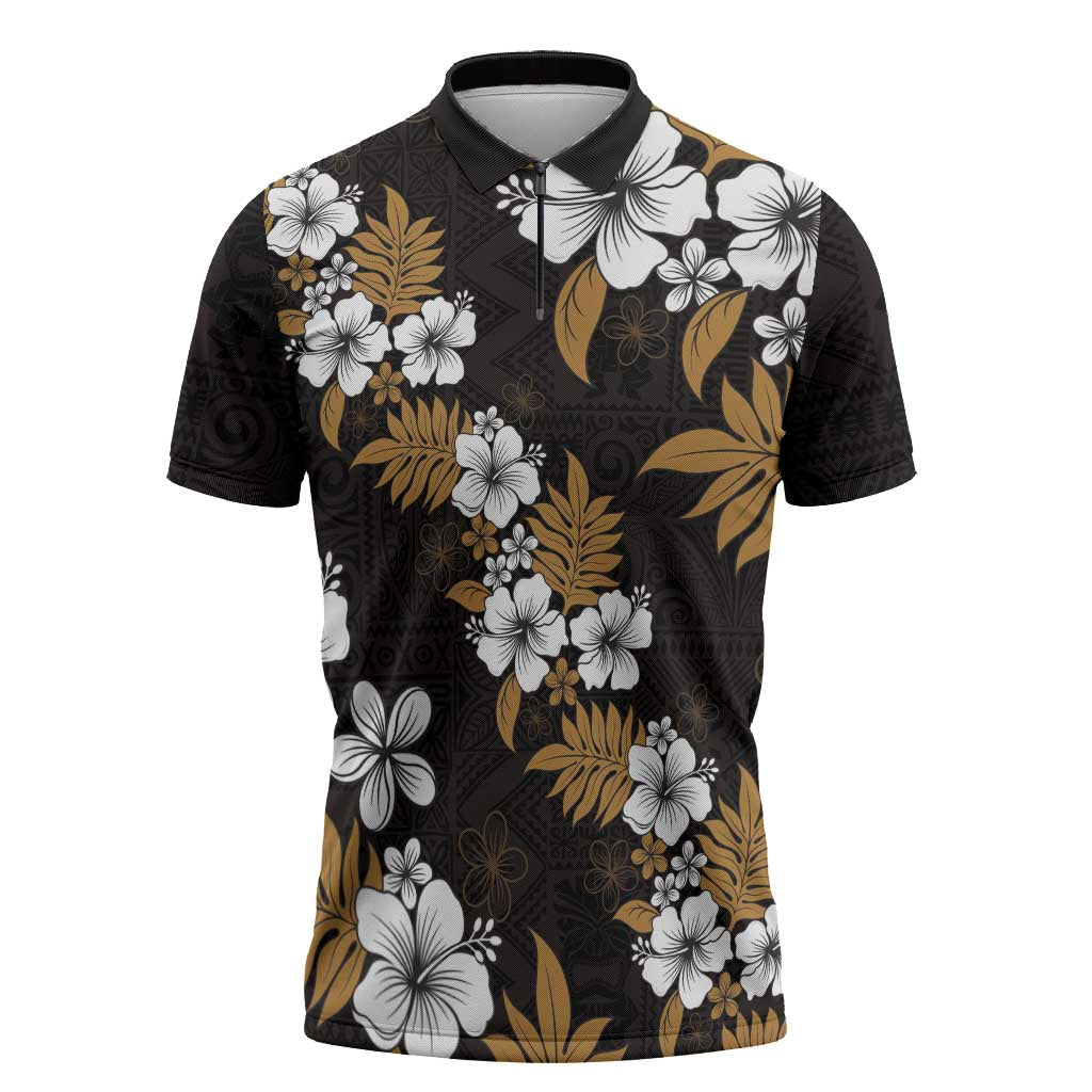 Hawaiian Hibiscus Tribal Floral Brown Zipper Polo Shirt Polynesian Tapa Pattern - Polynesian Pride