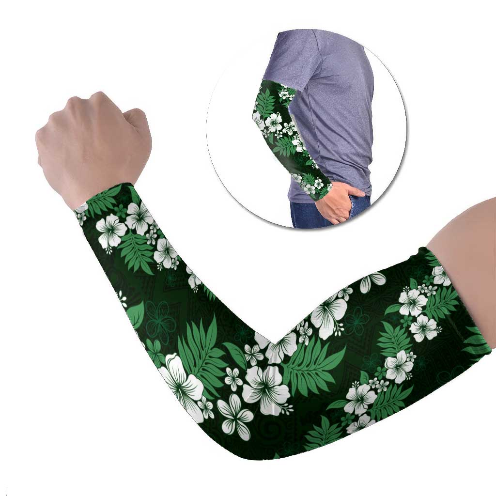 Hawaiian Hibiscus Tribal Floral Green Arm Sleeves Polynesian Tapa Pattern - Polynesian Pride