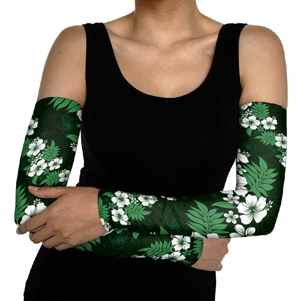 Hawaiian Hibiscus Tribal Floral Green Arm Sleeves Polynesian Tapa Pattern - Polynesian Pride