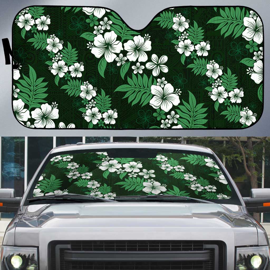 Hawaiian Hibiscus Tribal Floral Green Auto Sun Shade Polynesian Tapa Pattern - Polynesian Pride