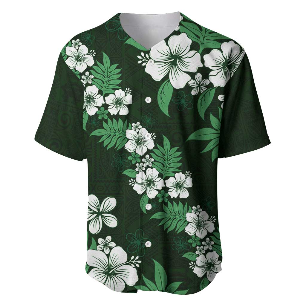 Hawaiian Hibiscus Tribal Floral Green Baseball Jersey Polynesian Tapa Pattern - Polynesian Pride