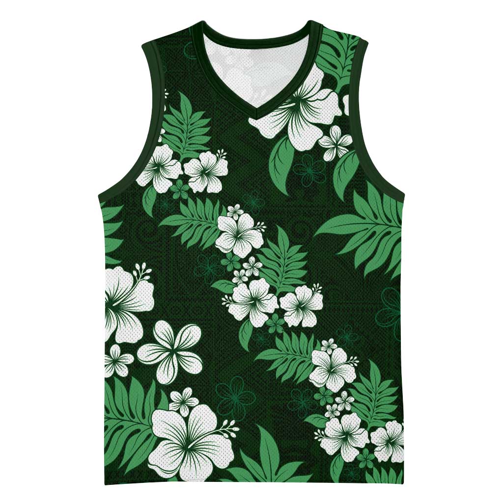 Hawaiian Hibiscus Tribal Floral Green Basketball Jersey Polynesian Tapa Pattern LT01 Unisex Green - Polynesian Pride