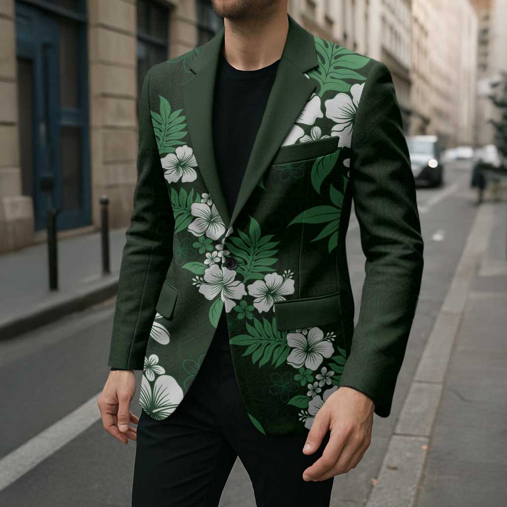 Hawaiian Hibiscus Tribal Floral Green Blazer Polynesian Tapa Pattern - Polynesian Pride