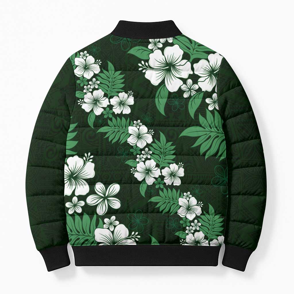 Hawaiian Hibiscus Tribal Floral Green Bomber Puffer Jacket Polynesian Tapa Pattern - Polynesian Pride