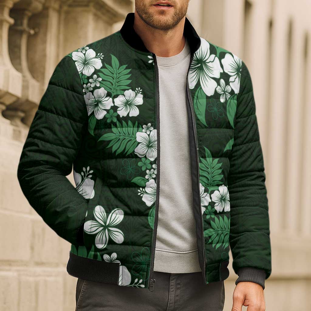 Hawaiian Hibiscus Tribal Floral Green Bomber Puffer Jacket Polynesian Tapa Pattern - Polynesian Pride