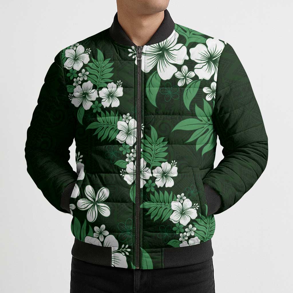 Hawaiian Hibiscus Tribal Floral Green Bomber Puffer Jacket Polynesian Tapa Pattern - Polynesian Pride