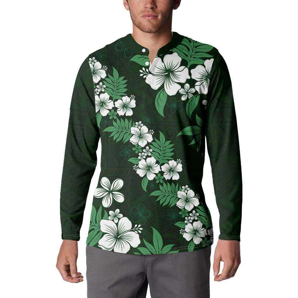 Hawaiian Hibiscus Tribal Floral Green Button Sweatshirt Polynesian Tapa Pattern - Polynesian Pride