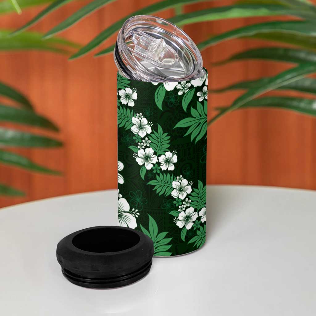 Hawaiian Hibiscus Tribal Floral Green 4 in 1 Can Cooler Tumbler Polynesian Tapa Pattern - Polynesian Pride