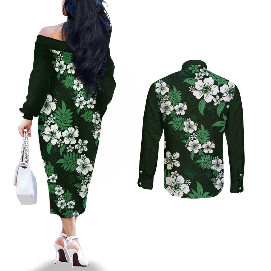 Hawaiian Hibiscus Tribal Floral Green Couples Matching Off The Shoulder Long Sleeve Dress and Long Sleeve Button Shirt Polynesian Tapa Pattern - Polynesian Pride