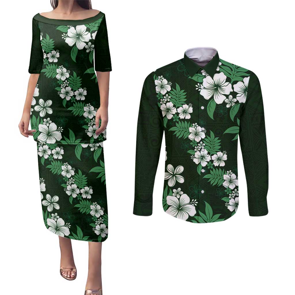 Hawaiian Hibiscus Tribal Floral Green Couples Matching Puletasi and Long Sleeve Button Shirt Polynesian Tapa Pattern LT01 Green - Polynesian Pride