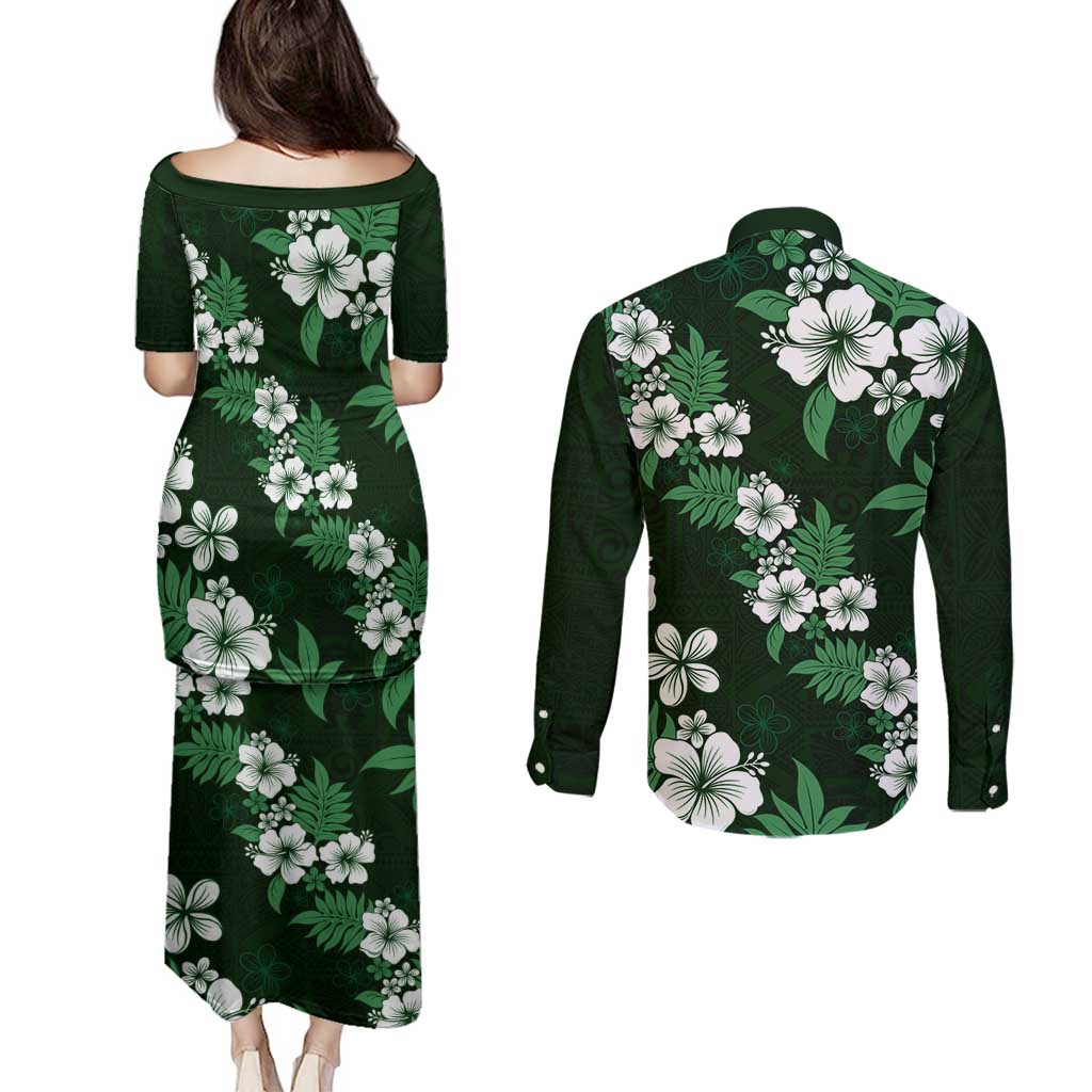 Hawaiian Hibiscus Tribal Floral Green Couples Matching Puletasi and Long Sleeve Button Shirt Polynesian Tapa Pattern LT01 - Polynesian Pride