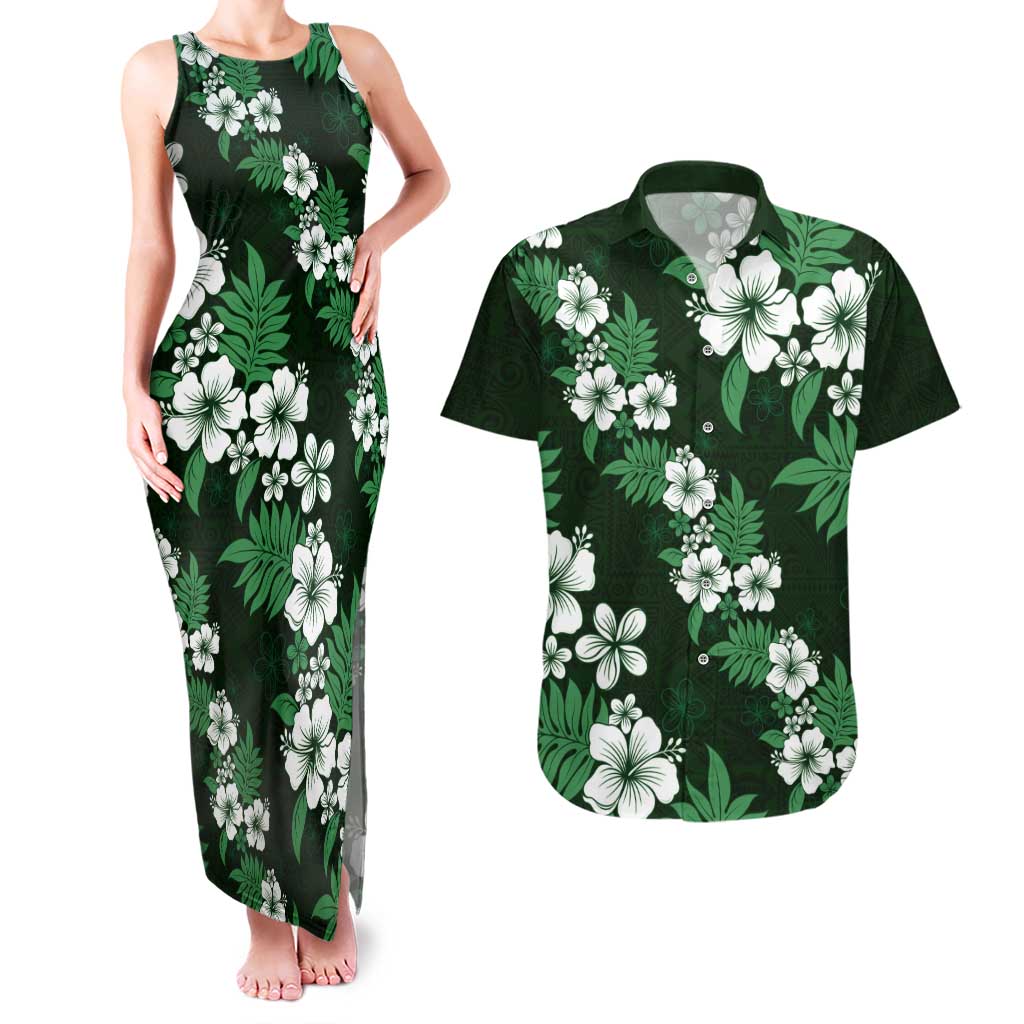 Hawaiian Hibiscus Tribal Floral Green Couples Matching Tank Maxi Dress and Hawaiian Shirt Polynesian Tapa Pattern - Polynesian Pride