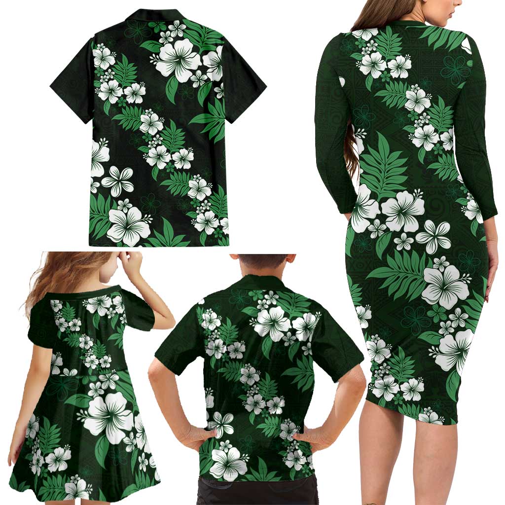 Hawaiian Hibiscus Tribal Floral Green Family Matching Long Sleeve Bodycon Dress and Hawaiian Shirt Polynesian Tapa Pattern - Polynesian Pride