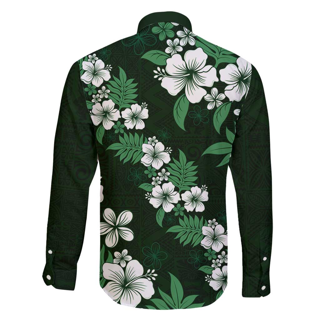 Hawaiian Hibiscus Tribal Floral Green Family Matching Long Sleeve Bodycon Dress and Hawaiian Shirt Polynesian Tapa Pattern - Polynesian Pride