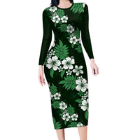 Hawaiian Hibiscus Tribal Floral Green Family Matching Long Sleeve Bodycon Dress and Hawaiian Shirt Polynesian Tapa Pattern - Polynesian Pride
