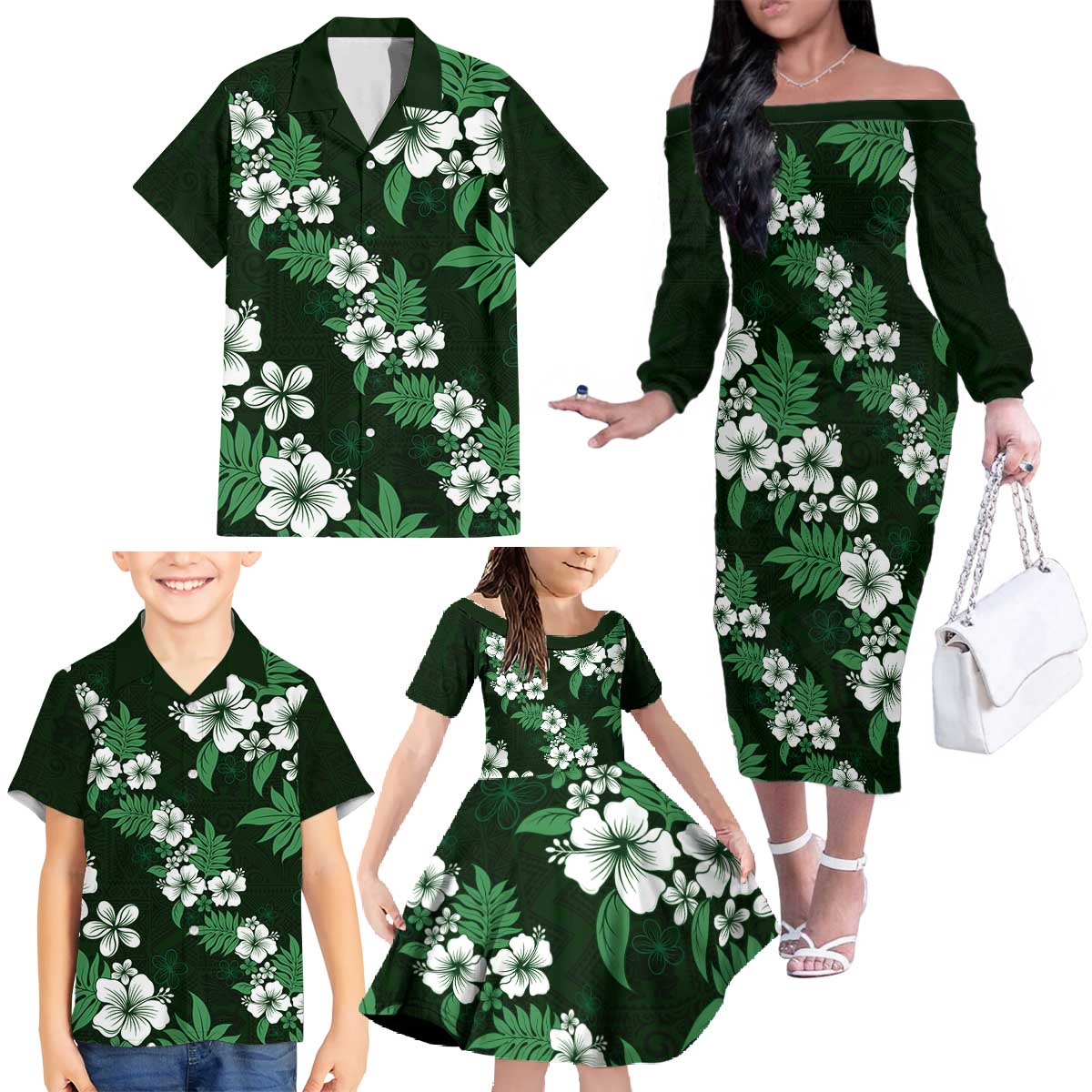 Hawaiian Hibiscus Tribal Floral Green Family Matching Off The Shoulder Long Sleeve Dress and Hawaiian Shirt Polynesian Tapa Pattern - Polynesian Pride