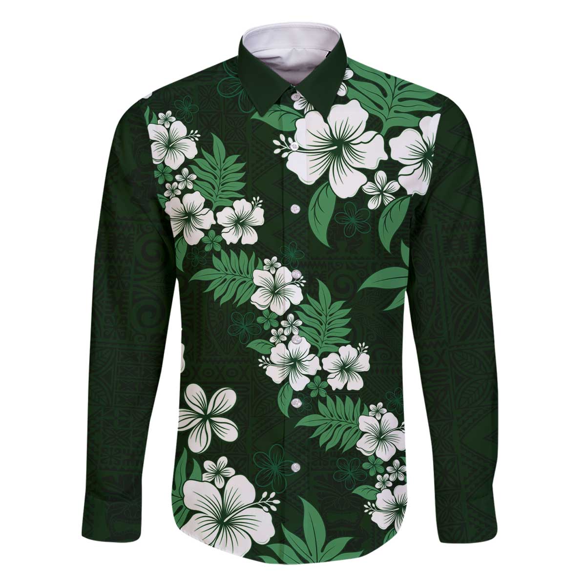 Hawaiian Hibiscus Tribal Floral Green Family Matching Off The Shoulder Long Sleeve Dress and Hawaiian Shirt Polynesian Tapa Pattern - Polynesian Pride