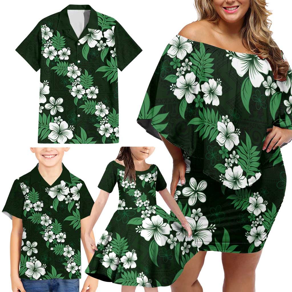 Hawaiian Hibiscus Tribal Floral Green Family Matching Off Shoulder Short Dress and Hawaiian Shirt Polynesian Tapa Pattern - Polynesian Pride