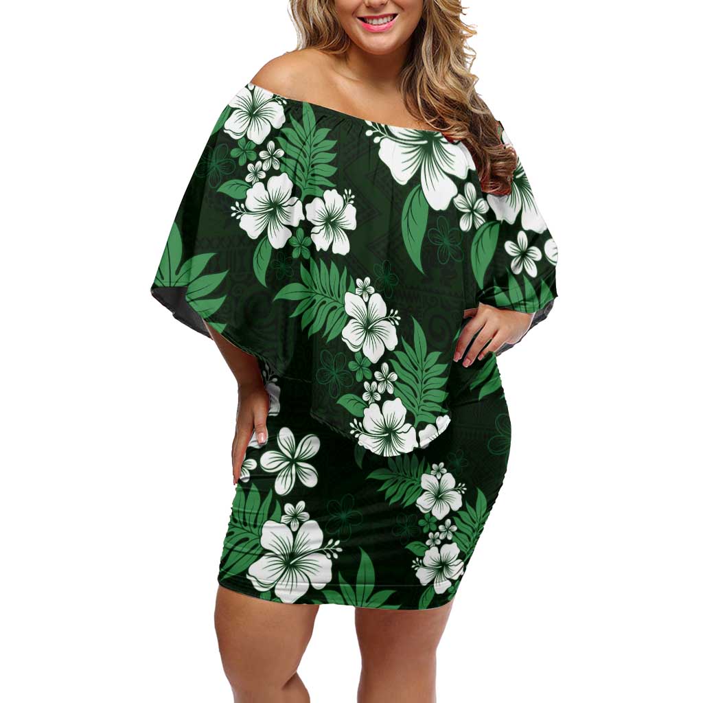 Hawaiian Hibiscus Tribal Floral Green Family Matching Off Shoulder Short Dress and Hawaiian Shirt Polynesian Tapa Pattern - Polynesian Pride
