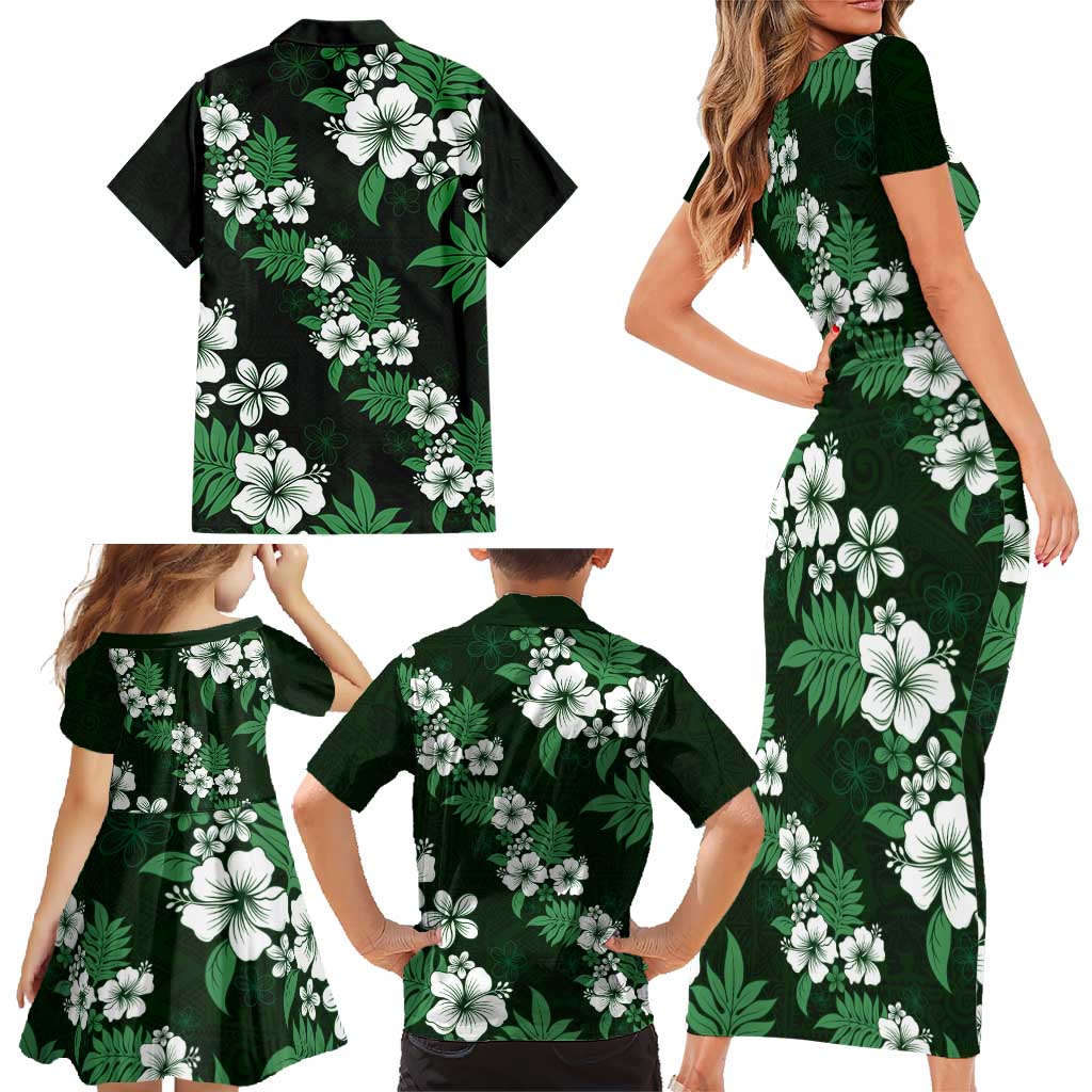 Hawaiian Hibiscus Tribal Floral Green Family Matching Short Sleeve Bodycon Dress and Hawaiian Shirt Polynesian Tapa Pattern - Polynesian Pride